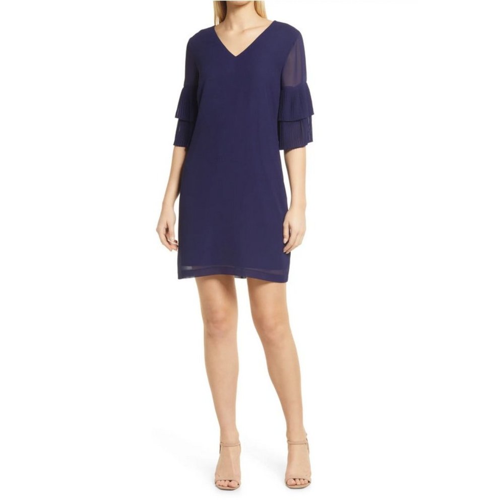 New Sam Edelman Women's Size 0 Navy Blue Chiffon Pleated Sleeve Shift Mini Dress